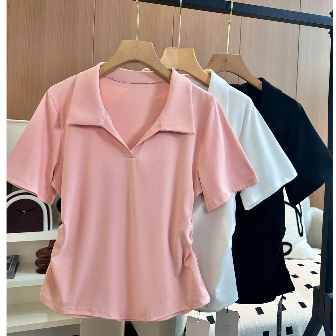 【小爱】大码不规则正肩女t恤短袖夏季显瘦收腰设计感polo领上衣