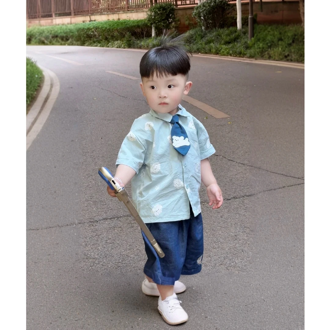 男童夏季帅气短袖衬衫2025夏季新品小狗刺绣领带萌短裤两件套ZA