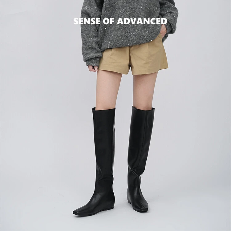真皮法式小方头粗跟高筒骑士靴百搭宽筒平口靴不过膝黑色长筒靴女