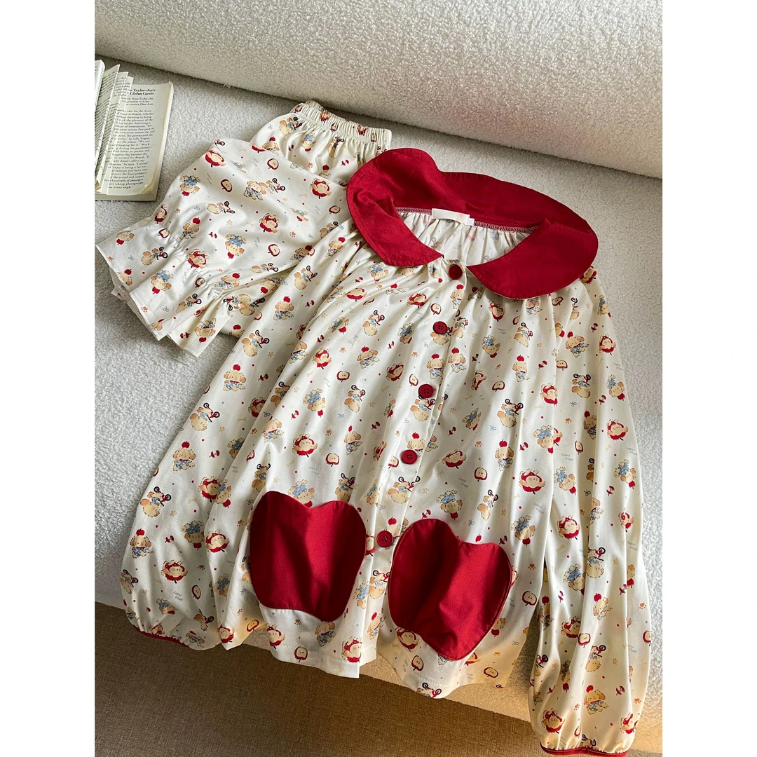 春秋娃娃领ins少女睡衣两件套口装饰长袖长裤家居服套装