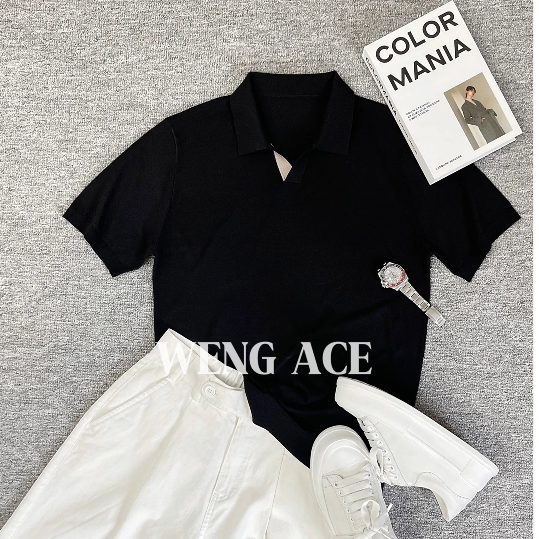 WENG ACE夏季新款男士纯色海鸥领可机洗百搭高级感针织短袖POLO衫