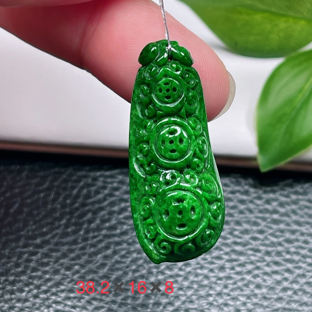 天然缅甸翡翠A货～冰糯种满绿豆子平安扣吊坠细腻雕花挂件17