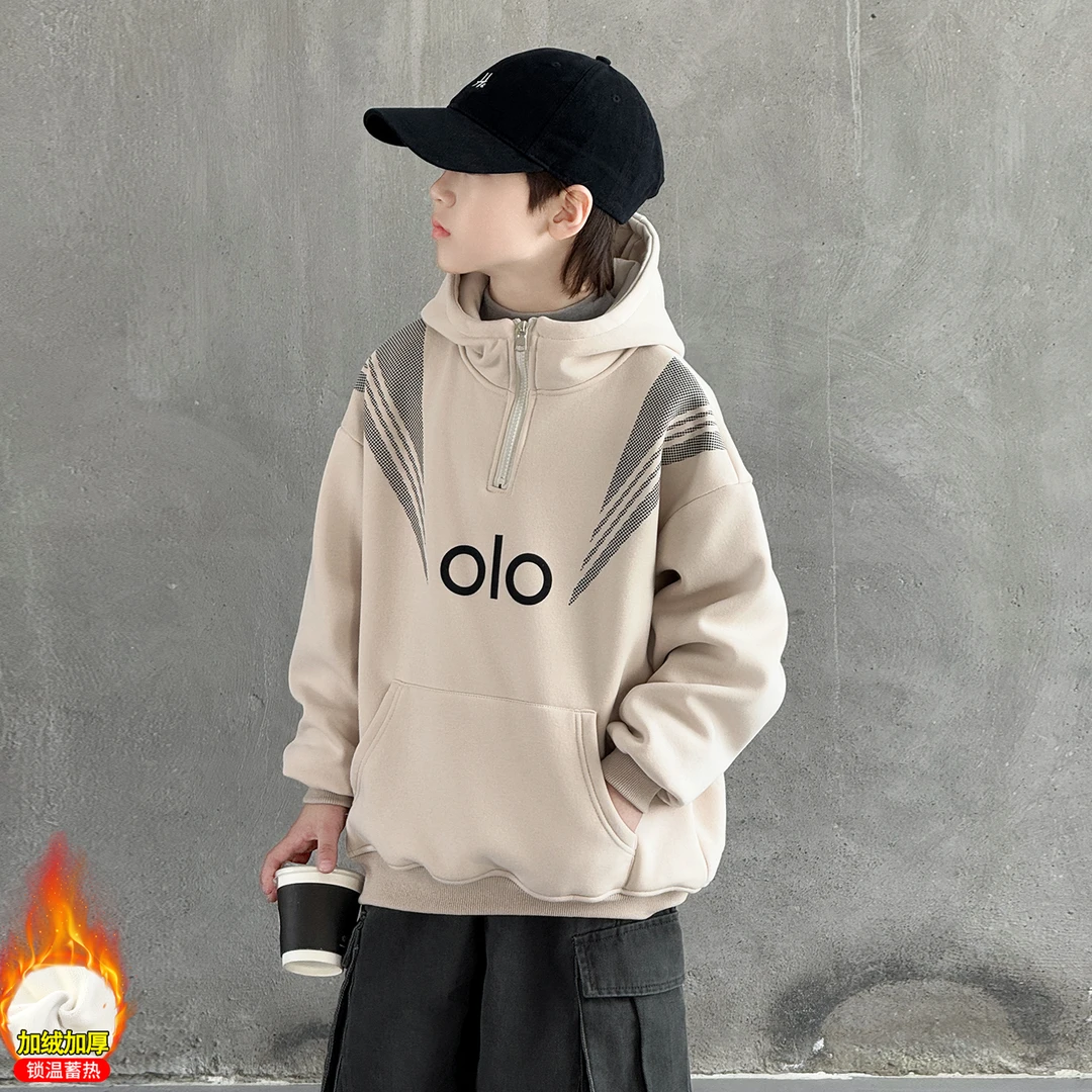 男童加绒加厚连帽卫衣秋冬季5-15岁中大童帅气韩版炸街儿童上衣潮