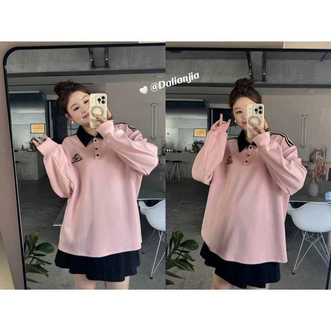 晶咕佳佳【红帽小狗】翻领刺绣小标撞色卫衣长袖时尚休闲百搭宽松