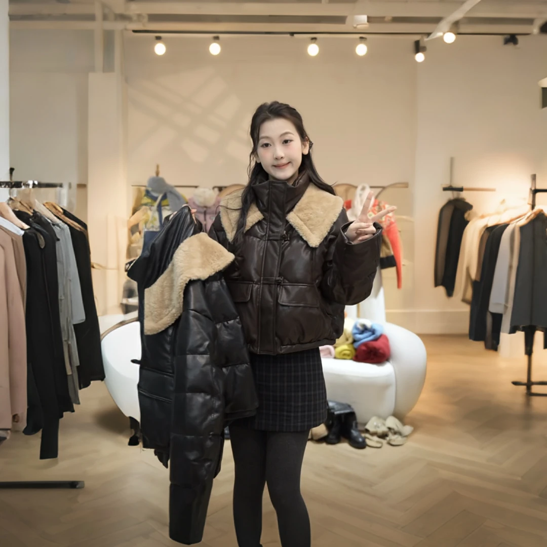 闵笑一【暖暖相拥】新款温柔显瘦气质设计休闲羽绒皮感上衣外套