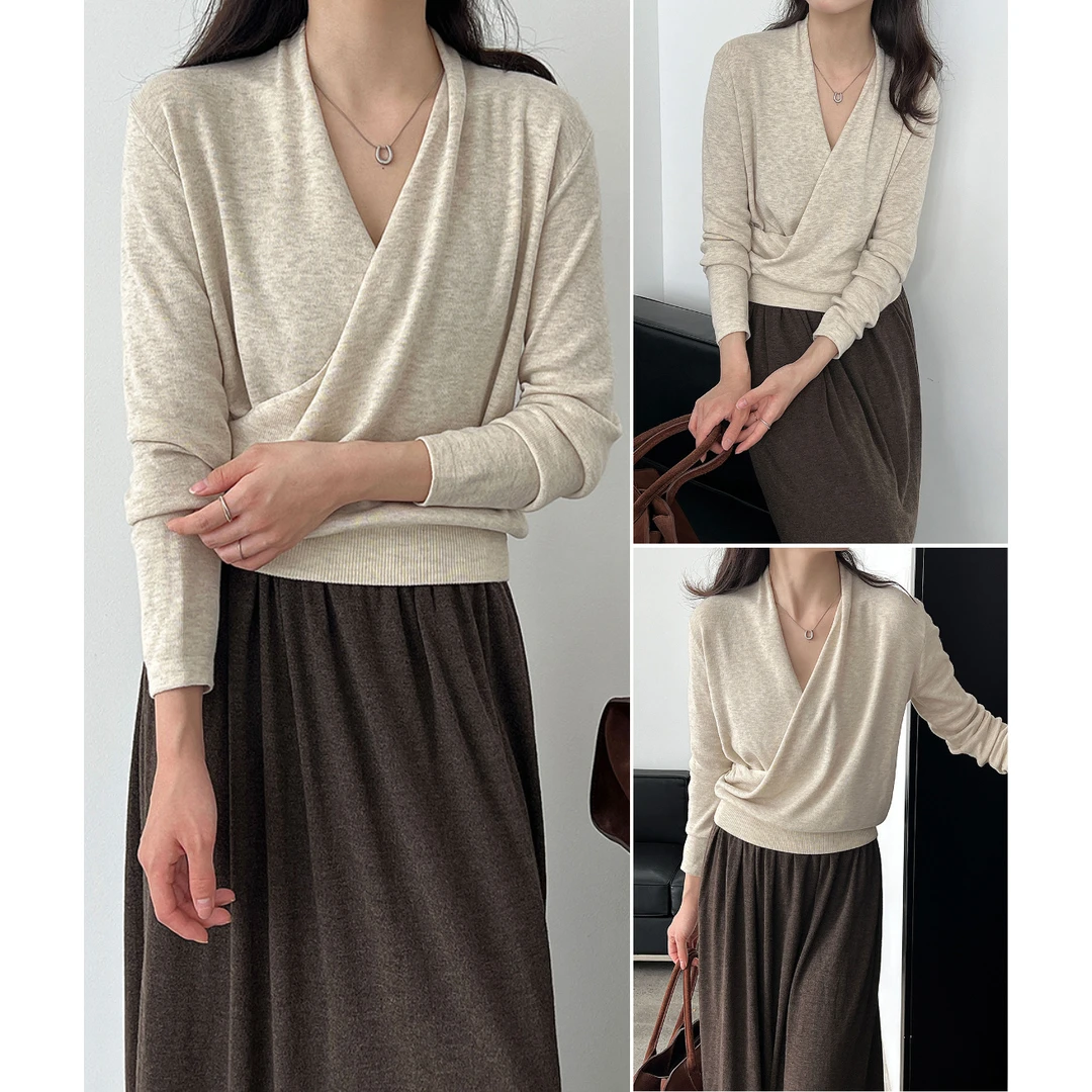 松弛氛围感女装韩系羊毛衫交叉斜门襟针织衫女秋冬新款气质打底衫