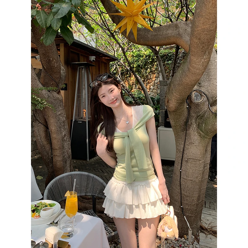 【绿色心情】夏季法式披肩飘带短袖拼色显瘦修身针织衫HJ88029#