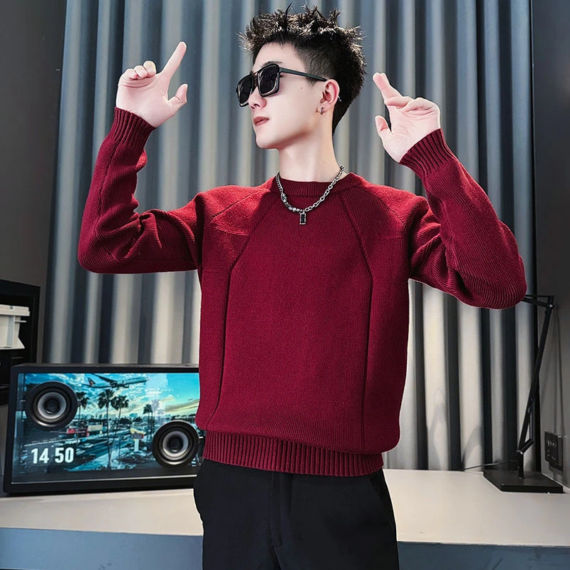 红色毛衣男款冬季潮牌内搭打底线衣2024新款男士秋冬装圆领针织衫