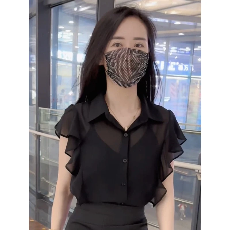 法式名媛木耳边拼接领飞飞袖衬衫女2025夏季新款纯欲雪纺衫小衫