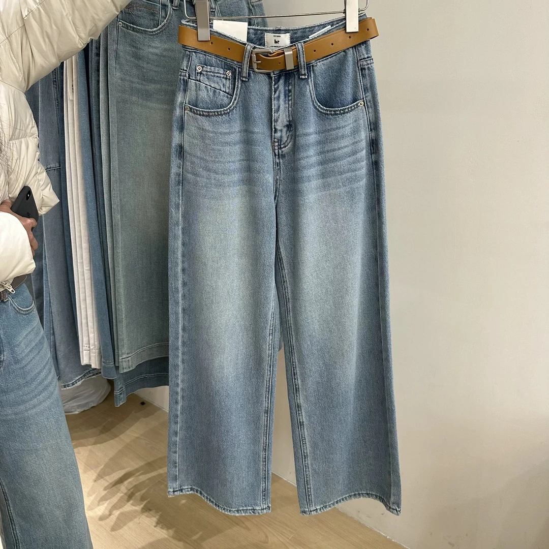 9802韩系复古水洗高腰休闲直筒长裤牛仔裤