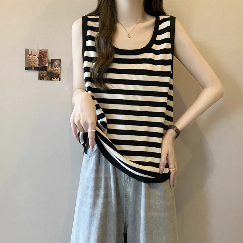 夏季别致条纹吊带背心外穿大码女装胖mm宽松显瘦洋气无袖打底上衣