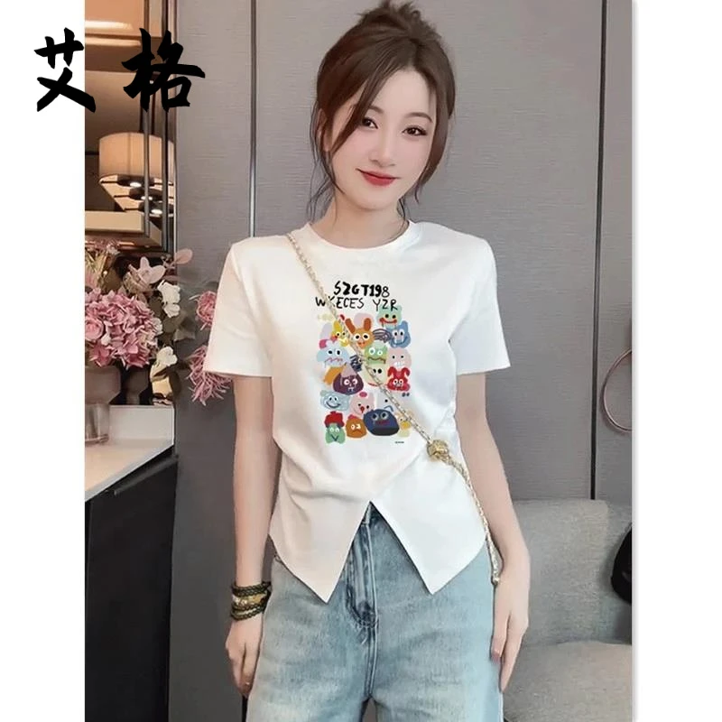 夏季棉质不规则圆弧下摆短袖T恤女学生韩版修身显瘦圆领开叉上衣