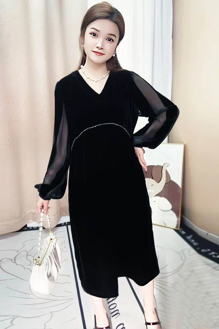 {南油真丝}100桑蚕丝真丝丝绒长袖蕾丝气质时尚百搭长款连衣裙