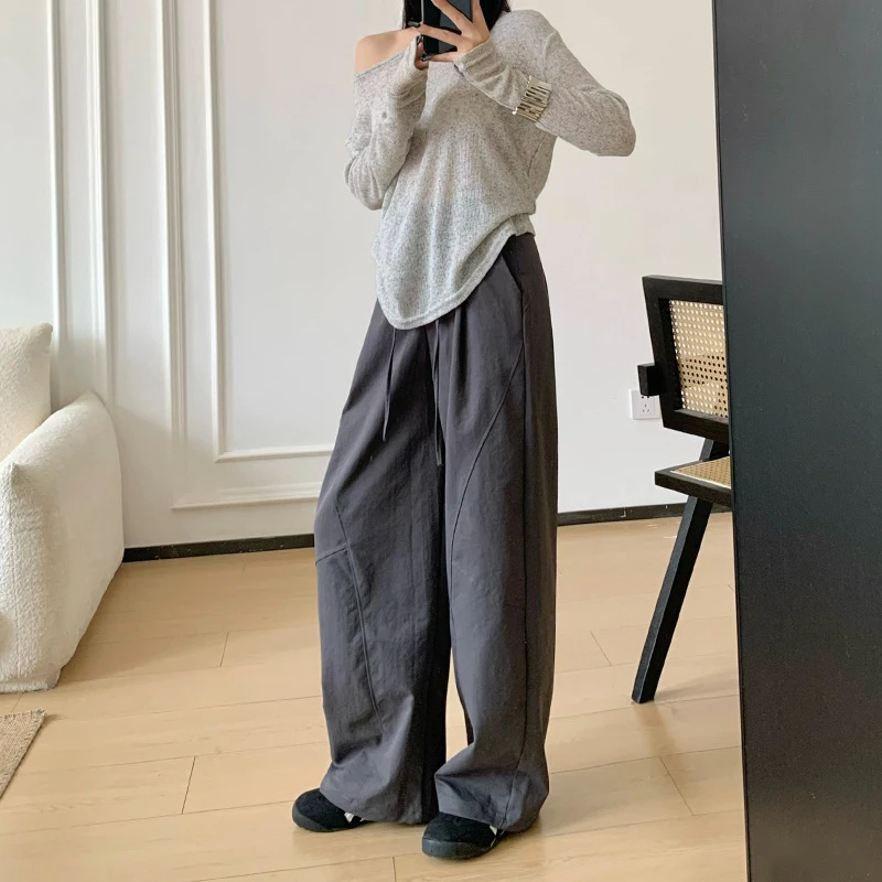 2025秋冬爆款美式拼接阔腿工装裤女高腰宽松慵懒风垂感直筒拖地裤