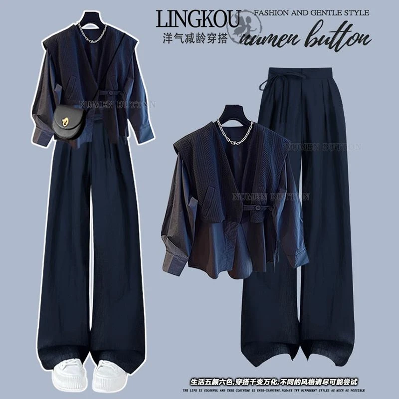 范哲萨大码胖显瘦套装小个子秋季洋气假两件上衣搭配高腰宽松休闲