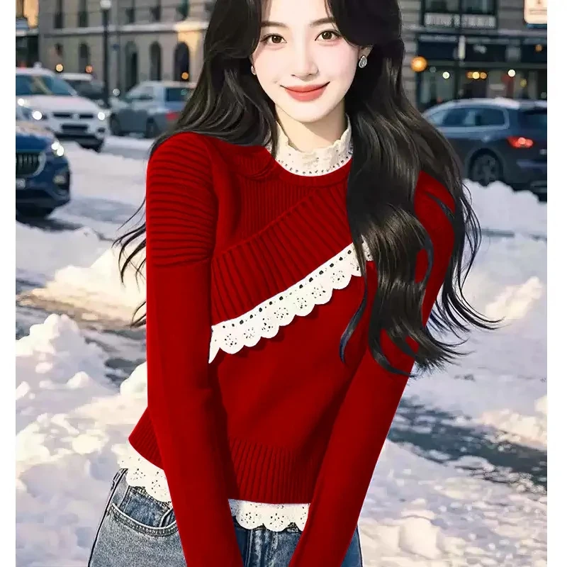 气质蕾丝2024打底冬季拼接毛衣针织衫长袖百搭新款泡泡设计上衣女