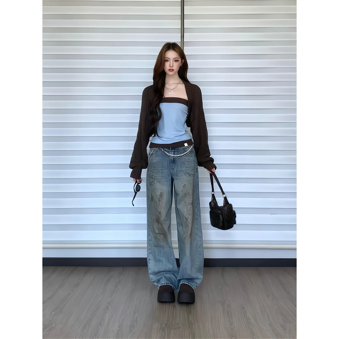 抹胸背心上衣针织开衫外套两件套美式复古宽松水洗做旧脏脏牛仔裤