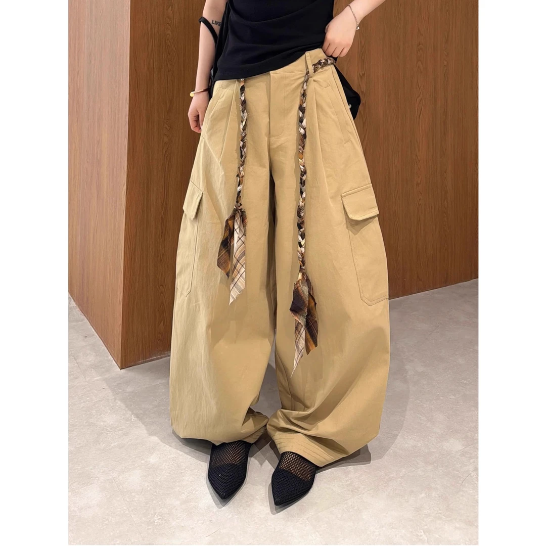纯色休闲工装裤女设计感秋季2025新款高腰垂感阔腿裤宽松拖地长裤