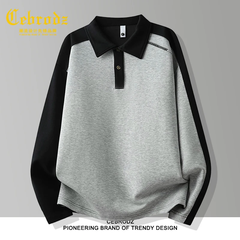 法国Cebrodz方领卫衣男士秋季潮宽松长袖撞色拼接套头纽扣男百搭