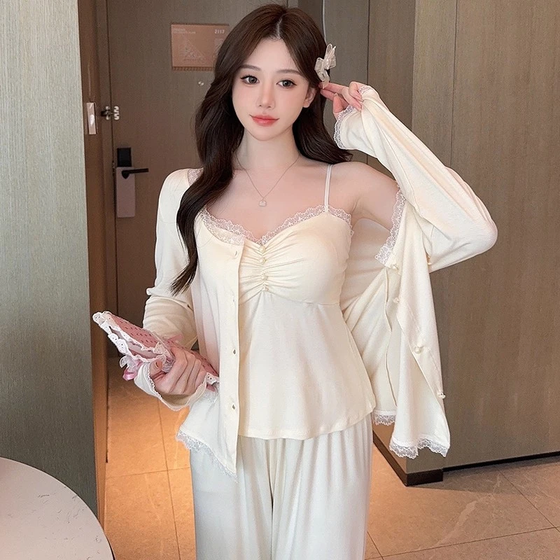 睡衣女春秋款莫代尔棉性感吊带长袖三件套装带胸垫2025新款家居服