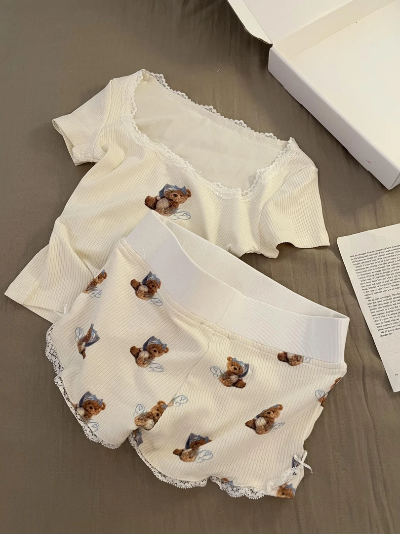 小熊熊短袖睡衣少女春夏季2025新款背心短裤家居服两件套装大码