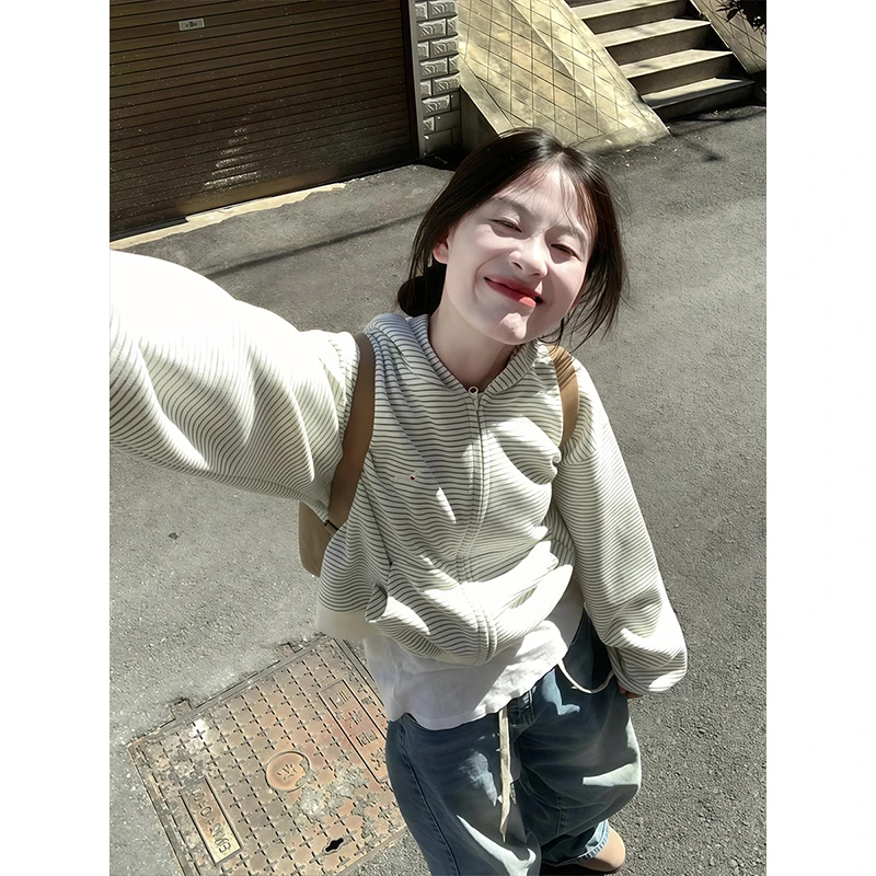 美式复古条纹开衫连帽卫衣上衣女秋冬季新款宽松设计感情侣外套潮