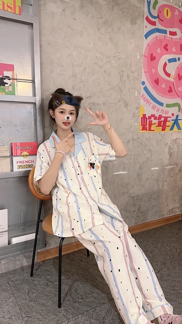 夏季情侣睡衣波点条纹三件套短袖短裤长裤卡通可爱可外穿家居服