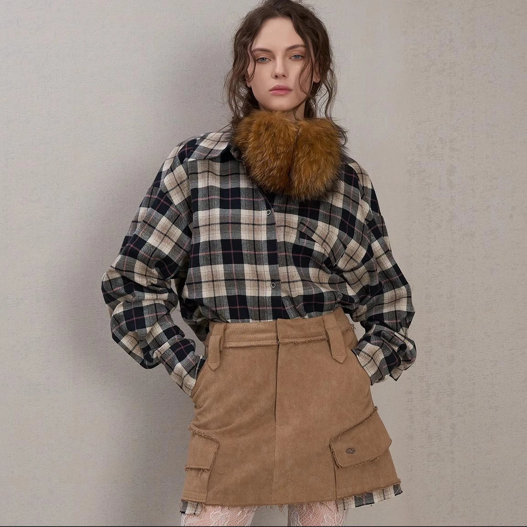 【明星同款】SENSEAWEEK25秋季新品复古撞色长袖黑粉格纹阔版衬衫