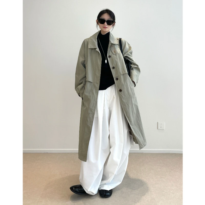 知识分子风复古立领纸感水洗廓形长款风衣外套女秋款