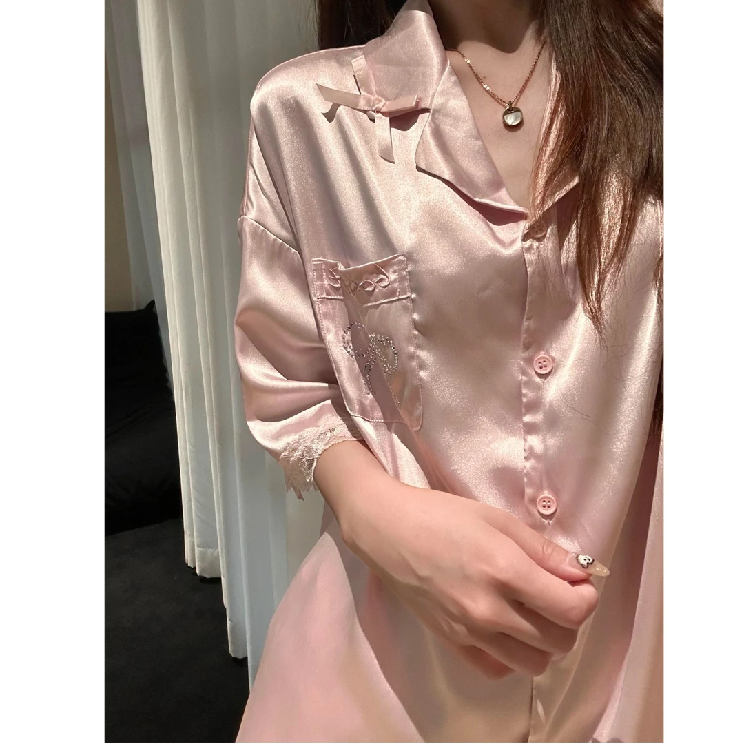 甜美粉色少女蝴蝶结蕾丝边睡衣女冰丝夏季2025新款居家睡衣可外穿