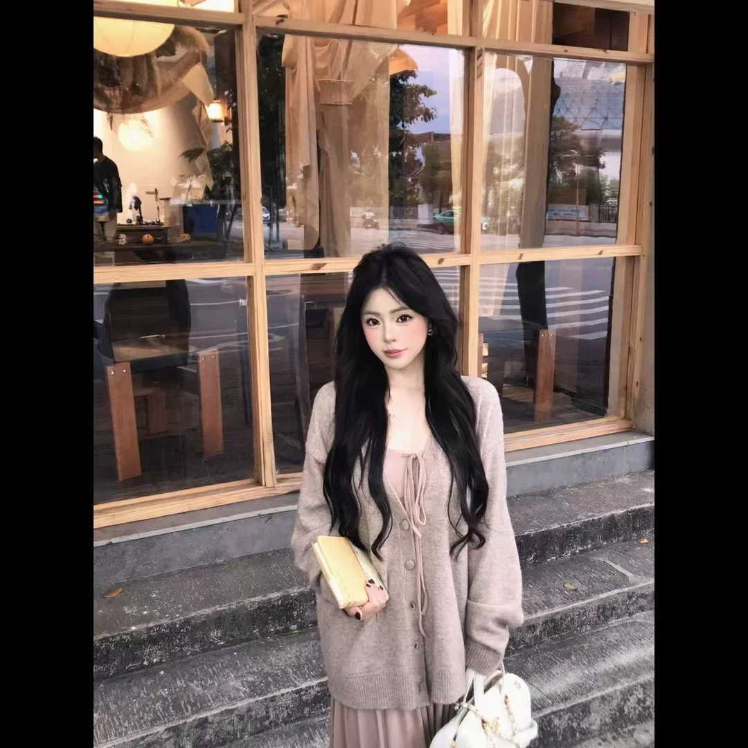 刘婆子店铺款【暖暖】领口抽绳软糯吊带连衣裙+毛衣外套两件套2257