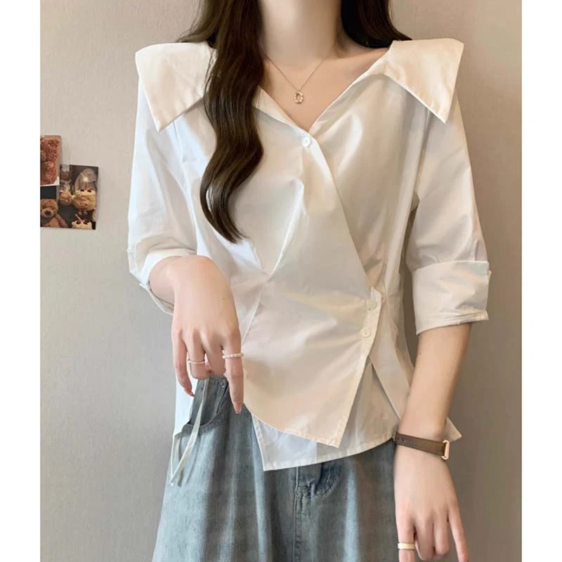 小个子女士衬衫女夏季2025新款v领上衣短款收腰小衫衬衣D1223