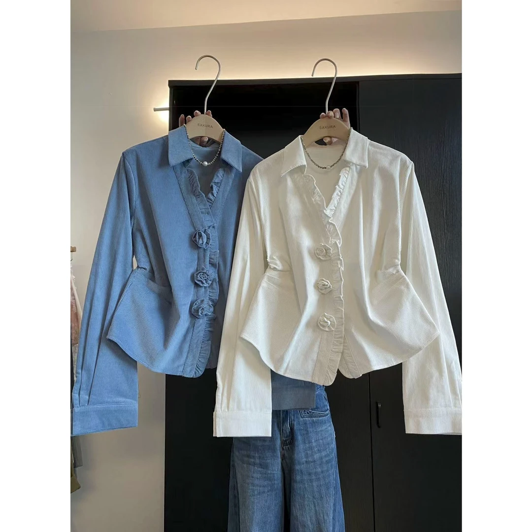 璎婲sᴀᴋᴜʀᴀ【弥花耳语】媛冬款甜美立体花朵polo领灯芯绒加厚衬衫