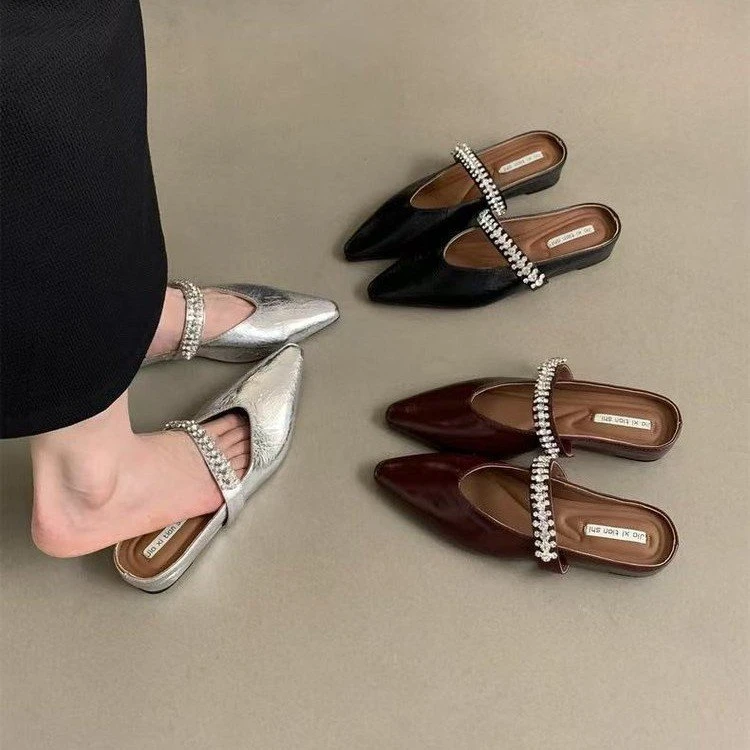 法式小众水钻包头半拖鞋女鞋子外穿2025年新款夏季内增高穆勒凉拖