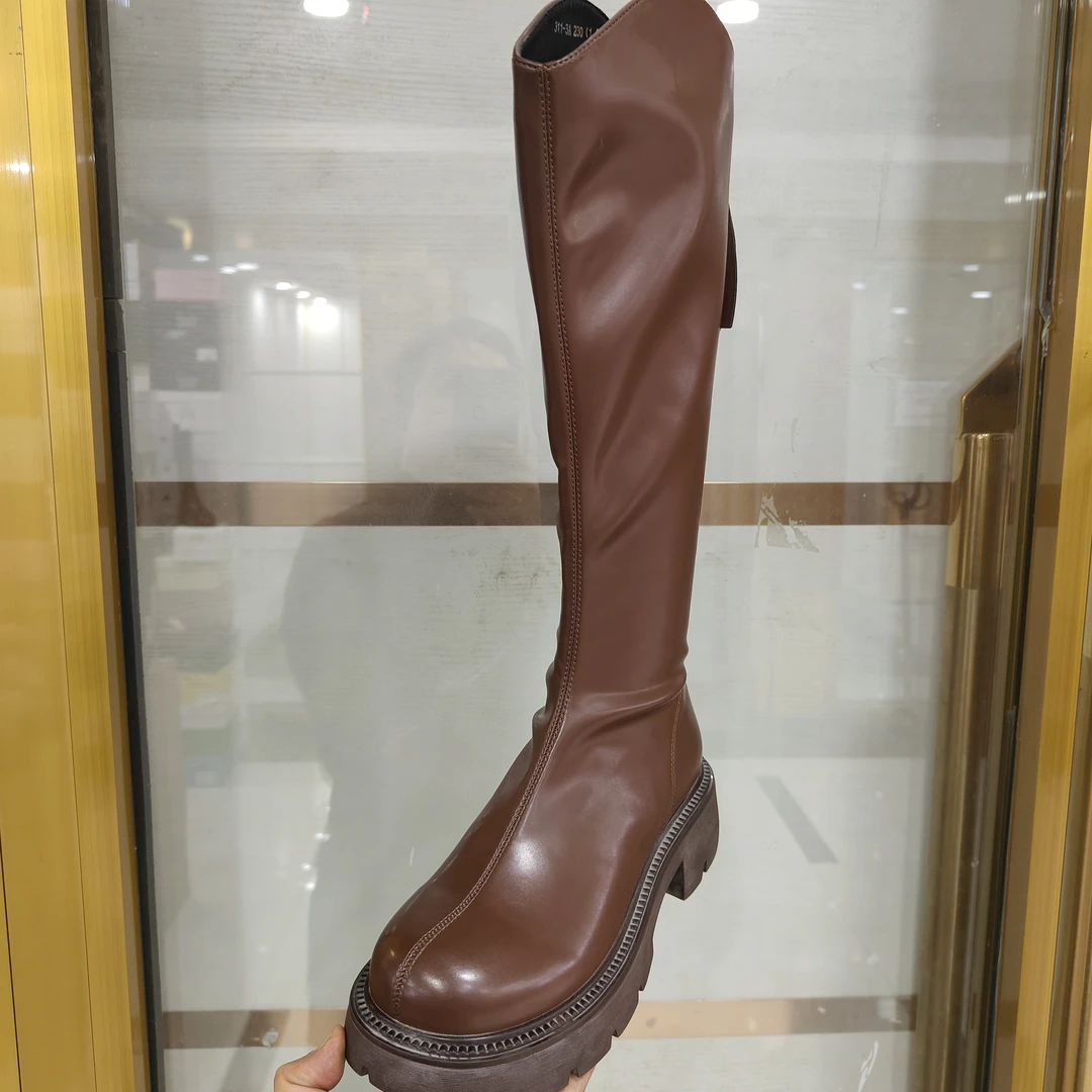 新款正版长靴بەك جىڭ ئاياغ 百搭女士厚底加绒秋冬圆头长筒靴真皮