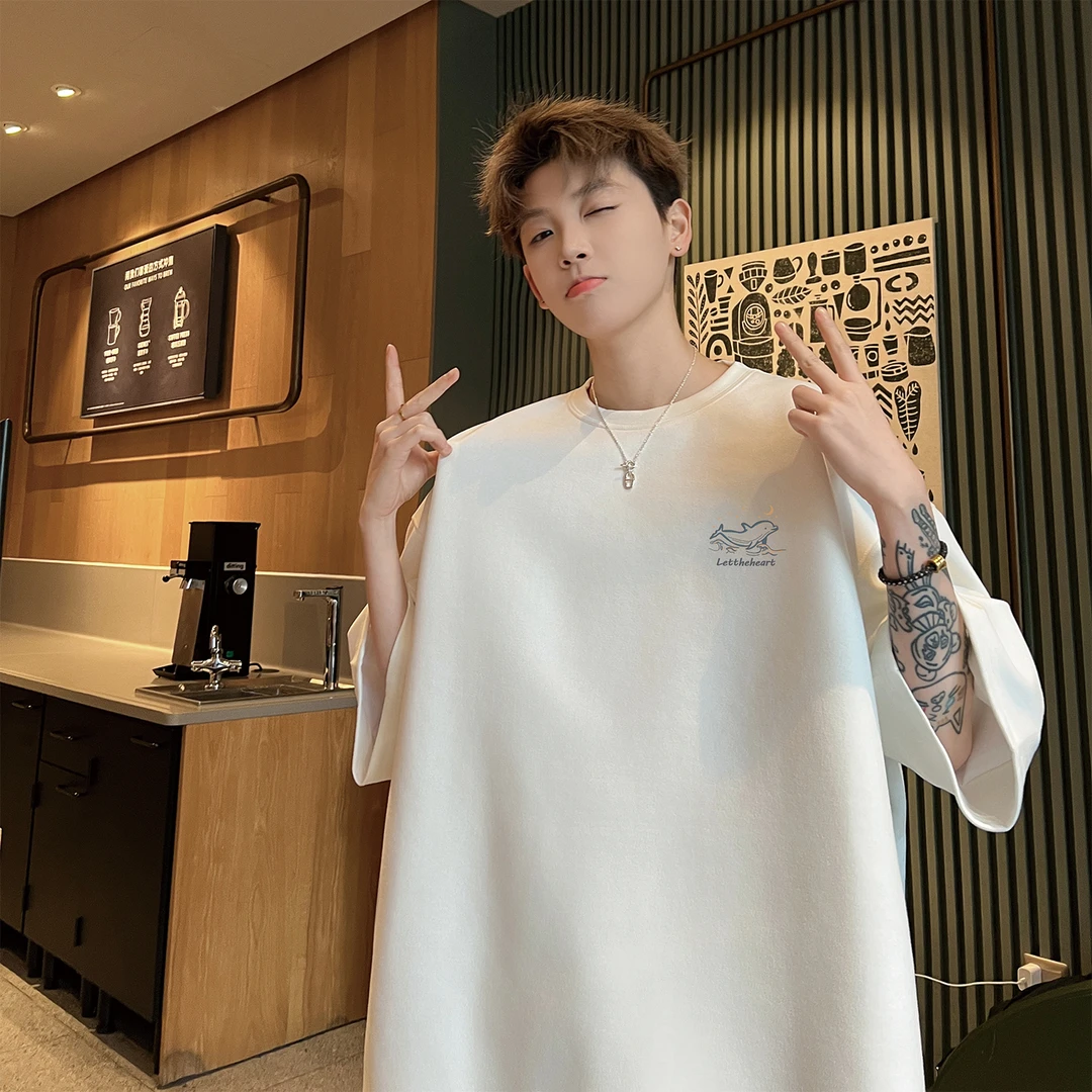 美式高街重磅仿麂皮绒短袖体恤男海豚印花青少年夏季新款百搭上衣