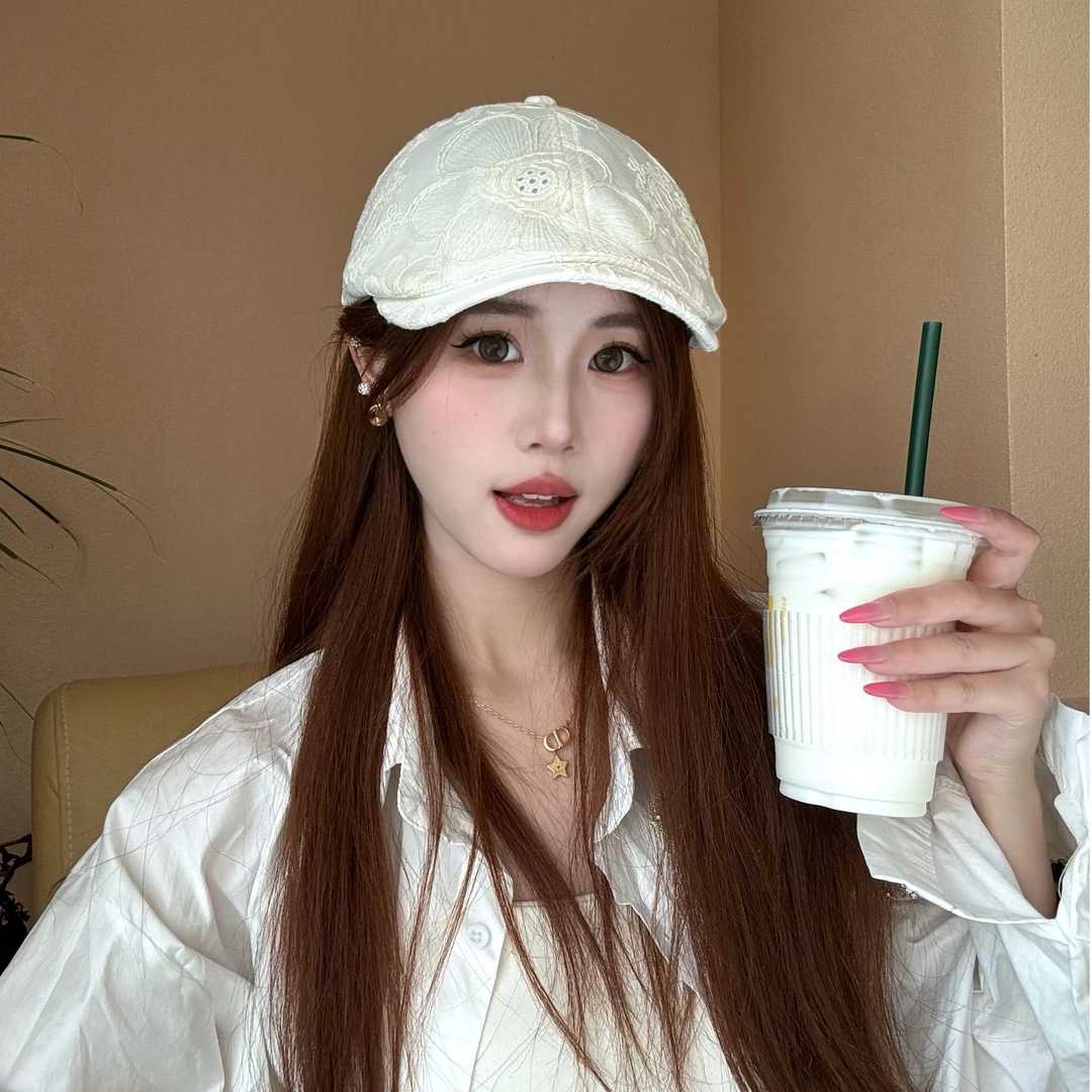 夏季甜酷风复古蕾丝刺绣薄款前进帽小鸭舌贝雷帽透气