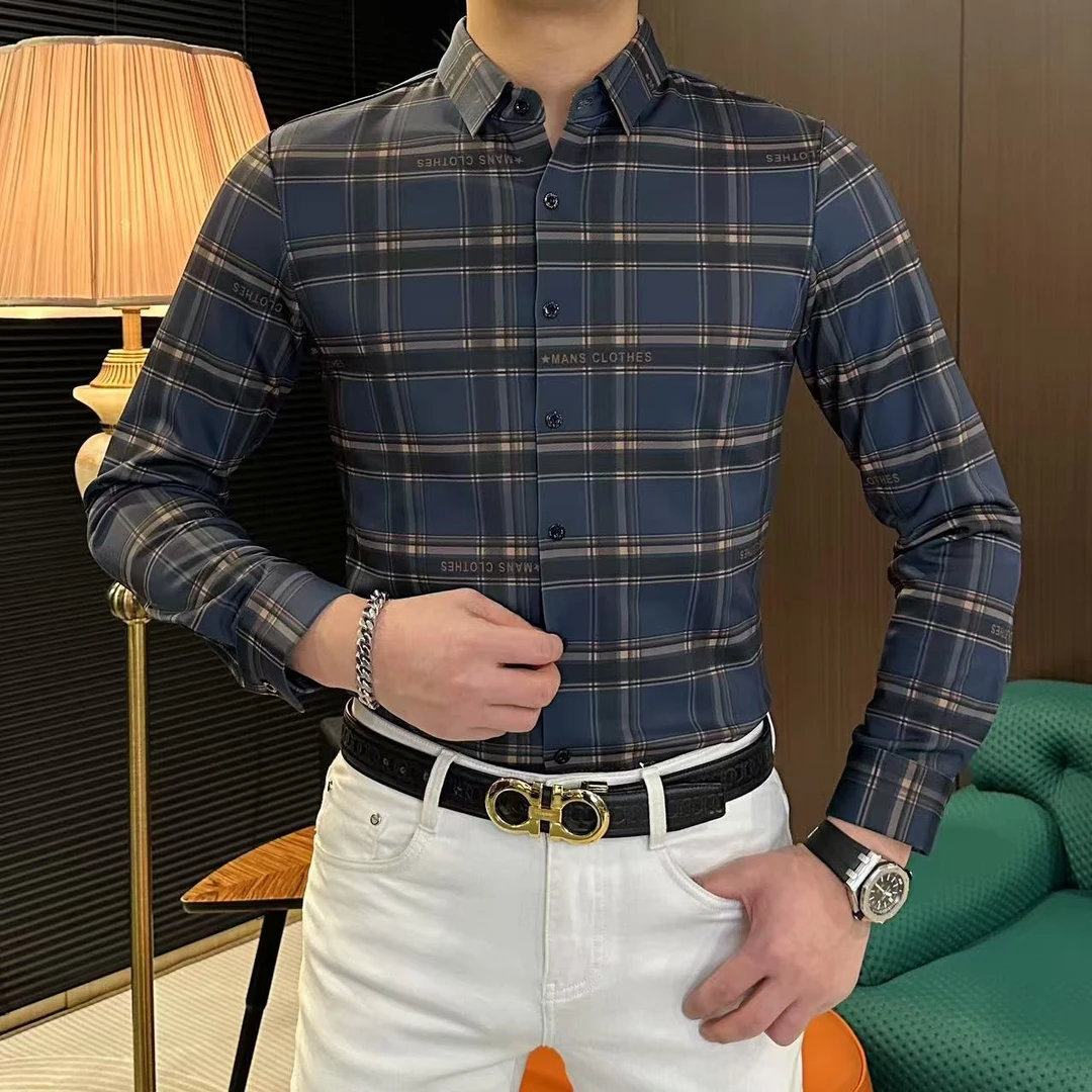 【仟旺赞男装】男士加绒加厚秋冬季时尚格纹提花显瘦翻领长袖衬衫