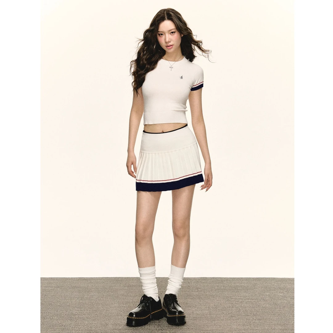 美式复古白色针织短袖t恤+半身短裙套装女夏修身两件套