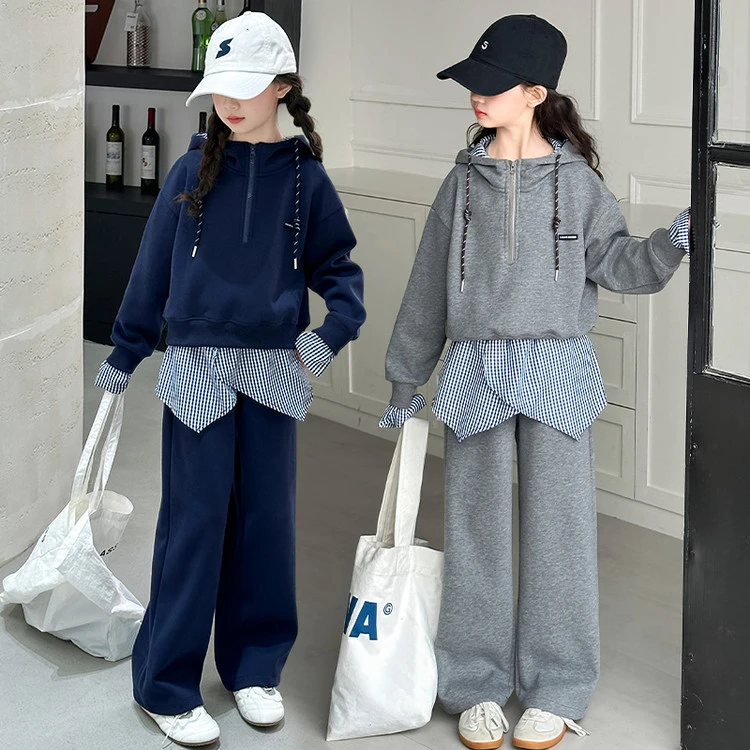 女大童春秋套装2025新款韩版女孩休闲宽松连帽卫衣格子拼儿童服装