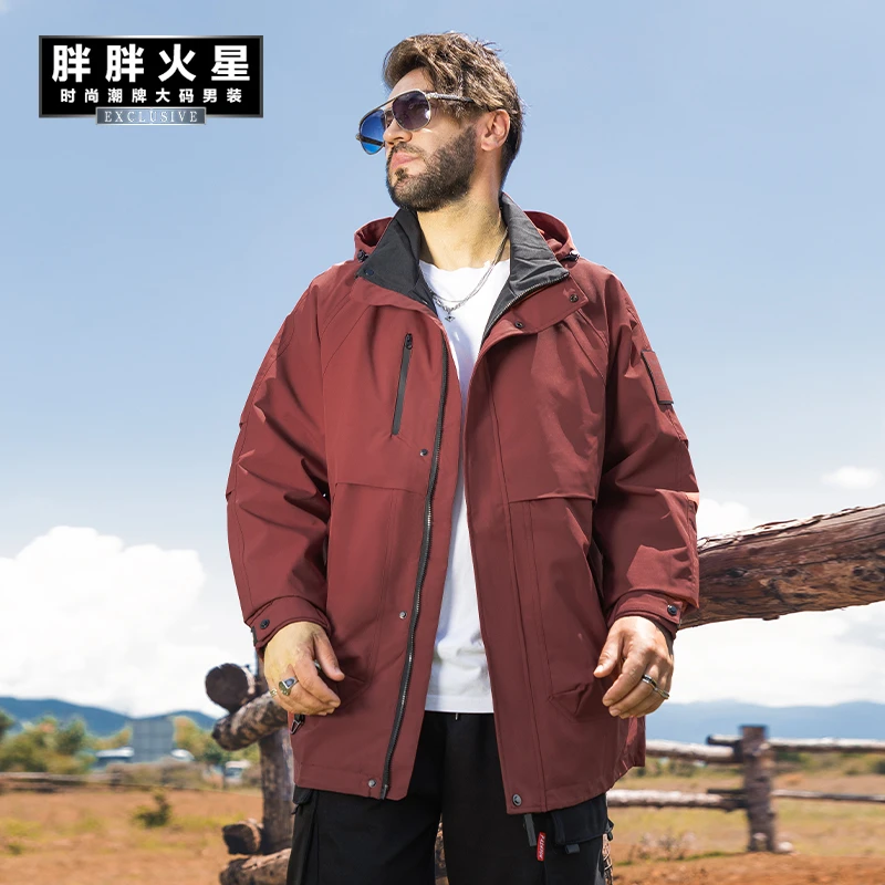 胖胖火星大码男装秋季连帽工装休闲外套男胖子户外防风冲锋衣夹克