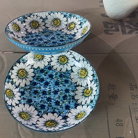 微瑕，不明火，口径20厘米，高3.5，2个蓝色