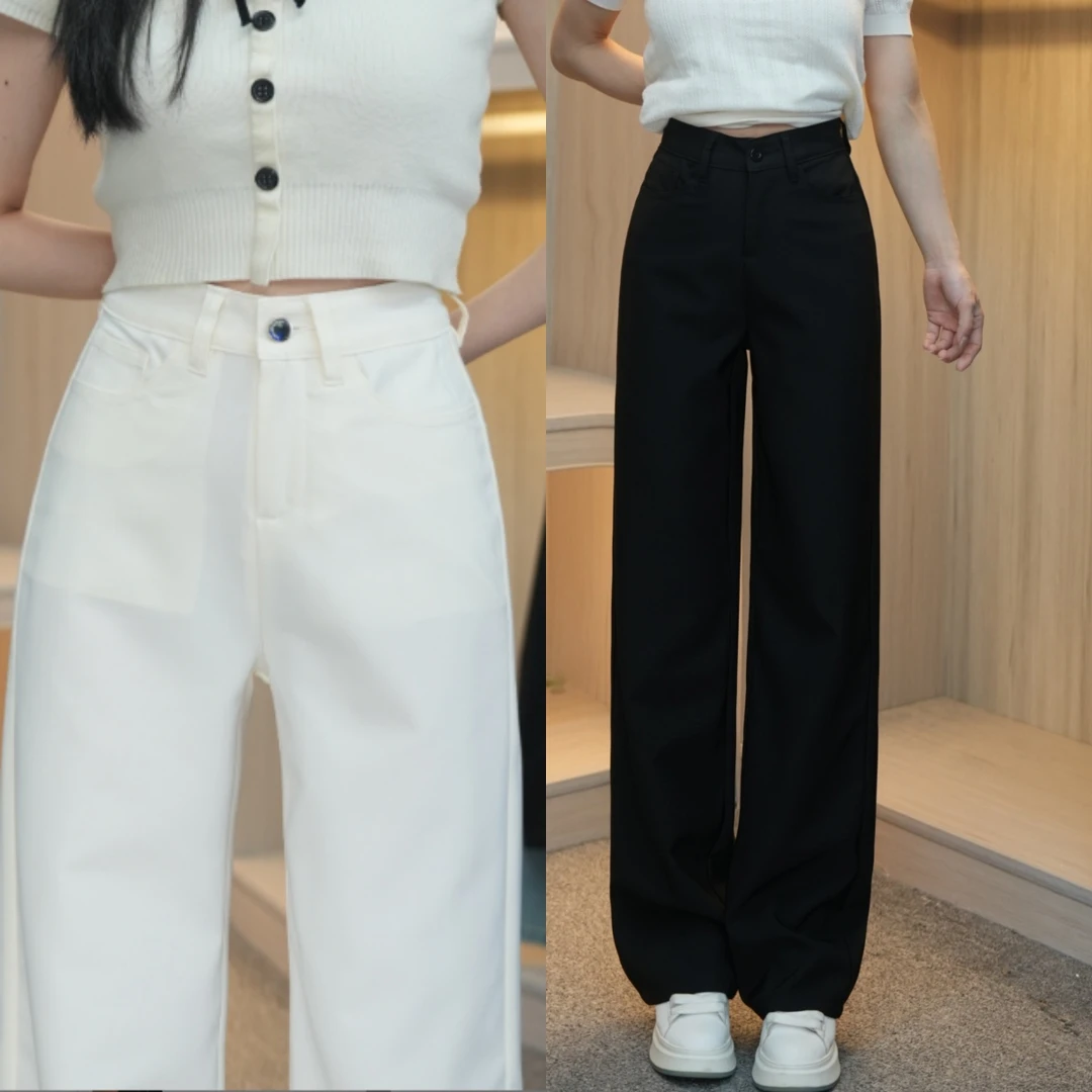 530夏季薄款休闲百搭西裤女修身舒适黑色显瘦阔腿裤子中高腰平腰