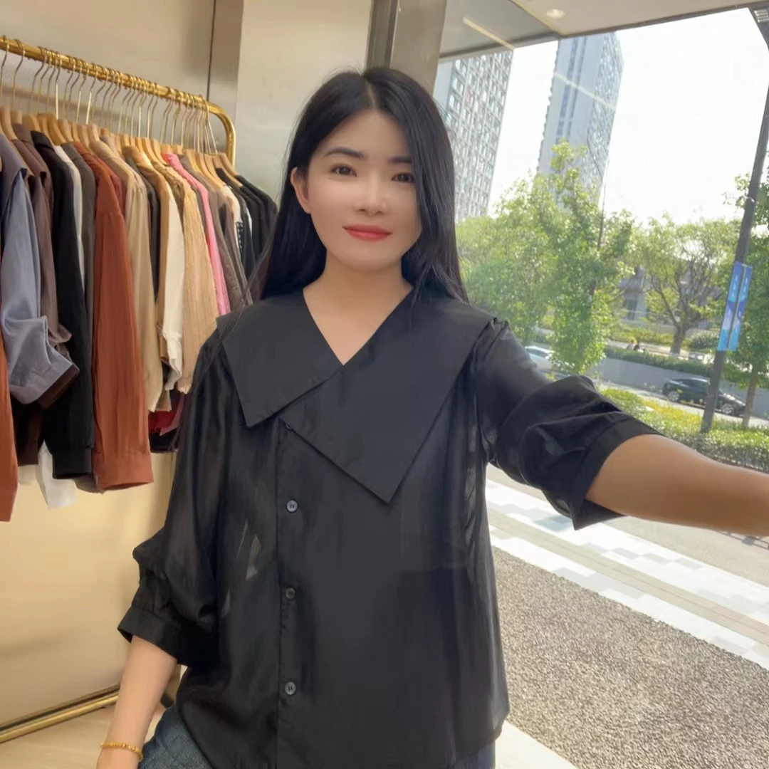 QC 241774 法式气质不规则海军领衬衫