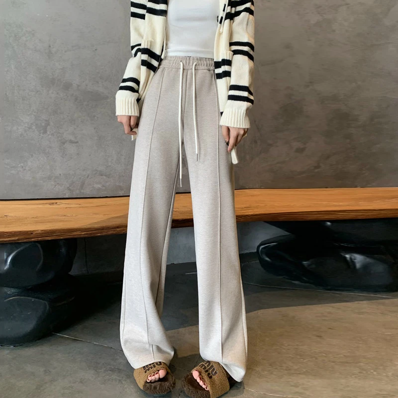 裤子女新款秋冬款加绒休闲直筒垂感人字纹毛呢窄版阔腿裤冬季3922