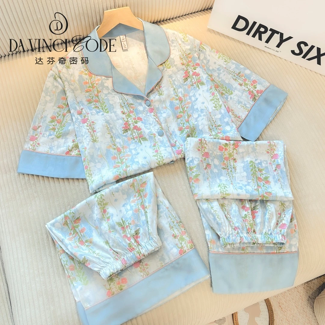 DAVINCIART夏日睡衣女款春枝海棠家居服短袖三件套凉快透气舒服