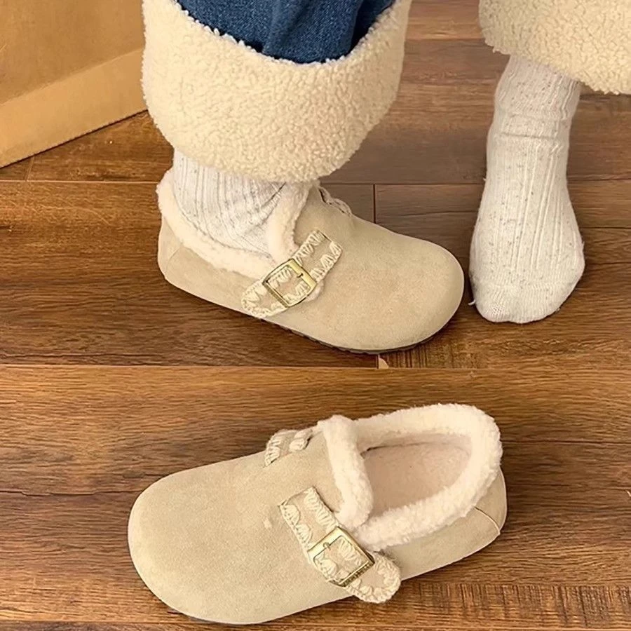 颜值高加棉加绒舒适保暖平底棉鞋2025冬季新款一脚蹬舒适勃肯鞋