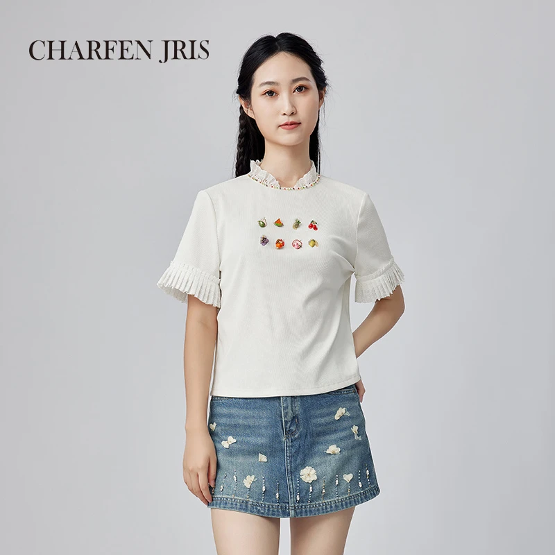 【媛媛专享】朝峰夏季宽松复古立领设计钉珠装饰短袖FJF2E631-6597B