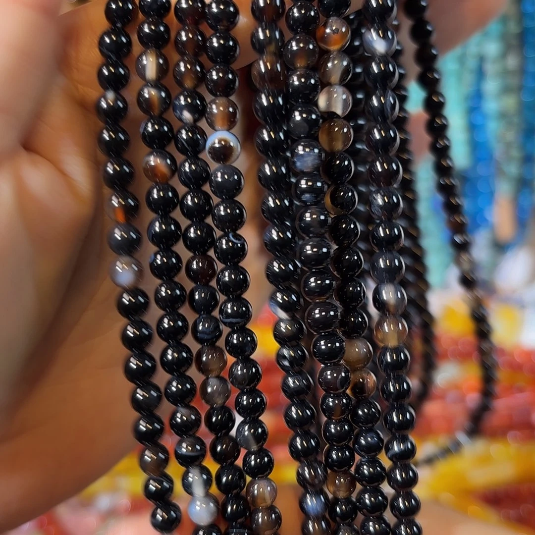 玛瑙/玉髓银S925镀金镶嵌珠宝半成品黑玛瑙k5mm2条装