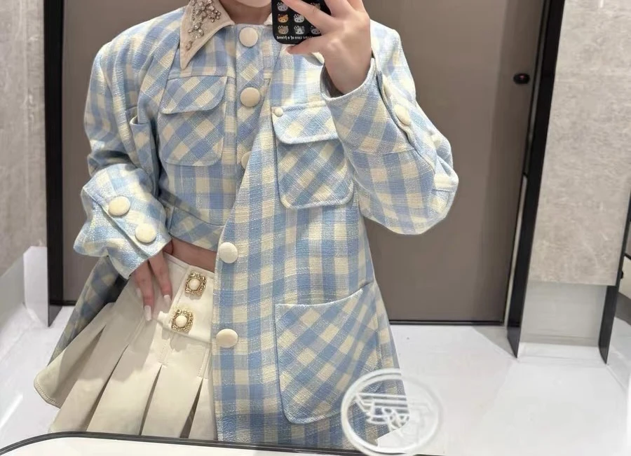 花颜系蓝白格调少女小香风经典外套背心两件套开衫